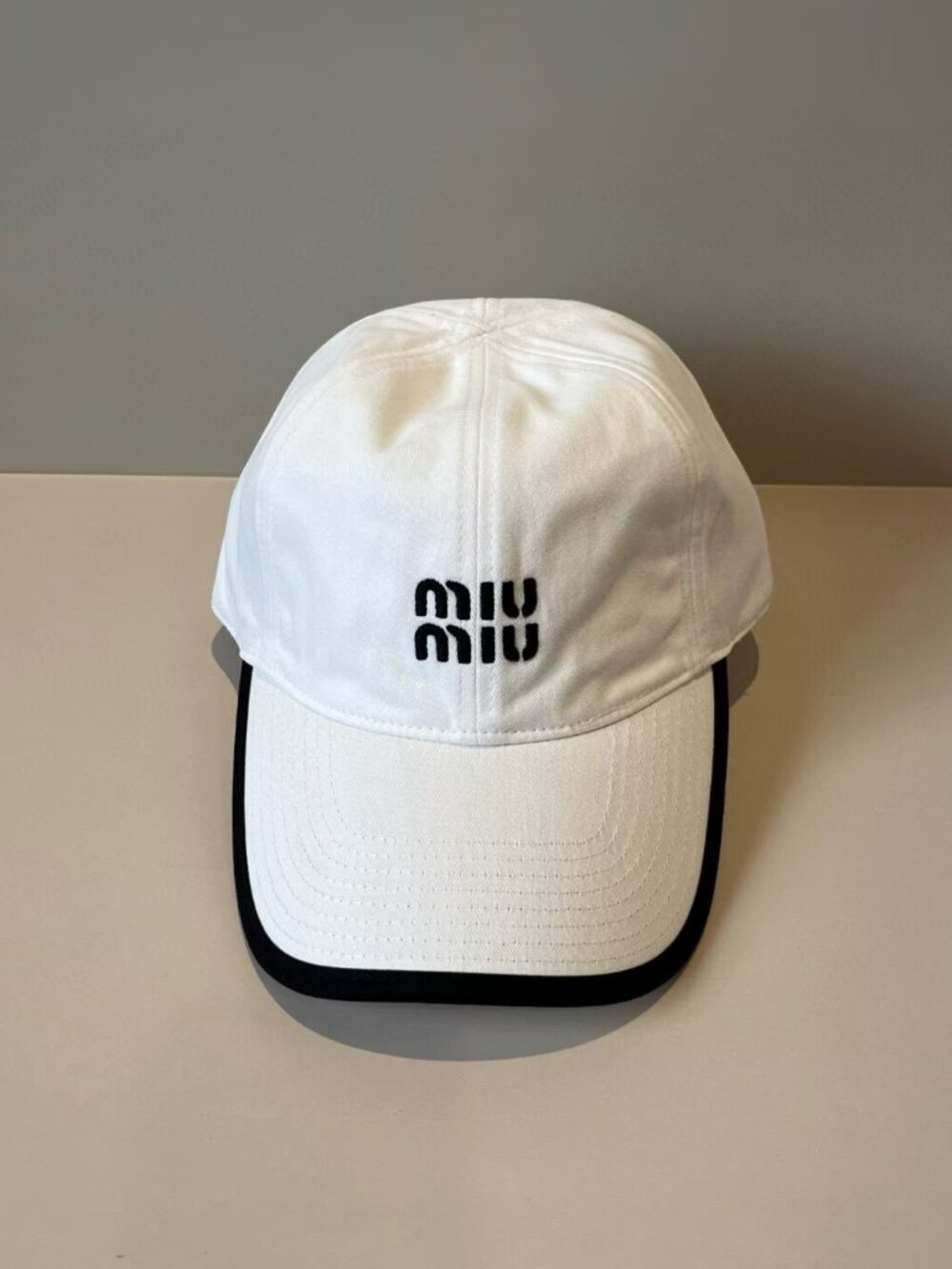 Miu Miu White Baseball Cap with Black Logo and Trim